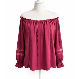 Ramy Brook Thea Off the Shoulder Chiffon Blouse Women's L Dark Red Long Sleeve